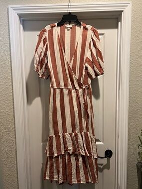 Knox Rose Rust and Cream Vertical Stripe Wrap Midi Dress
